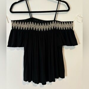 Buttons Women Medium Black Off Shoulder Ruffled Thin Straps Flowly Shirt Casual